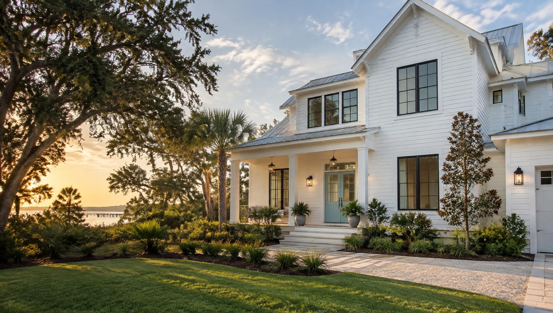 Freshly painted coastal-style home at sunset