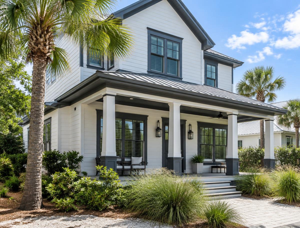 Coastal Florida home with freshly painted siding and charcoal trim